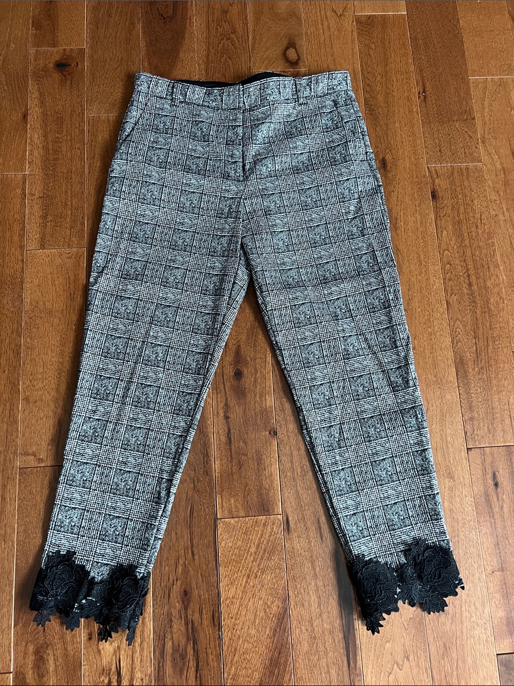 River Island Gray Plaid Trousers with Black Lace Cuff